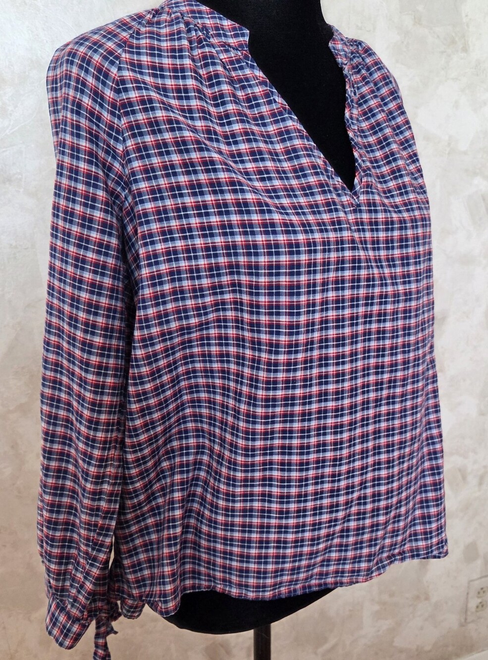 Madewell Plaid Popover Blouse Small Cotton Linen Lightweight Tie Sleeve Top